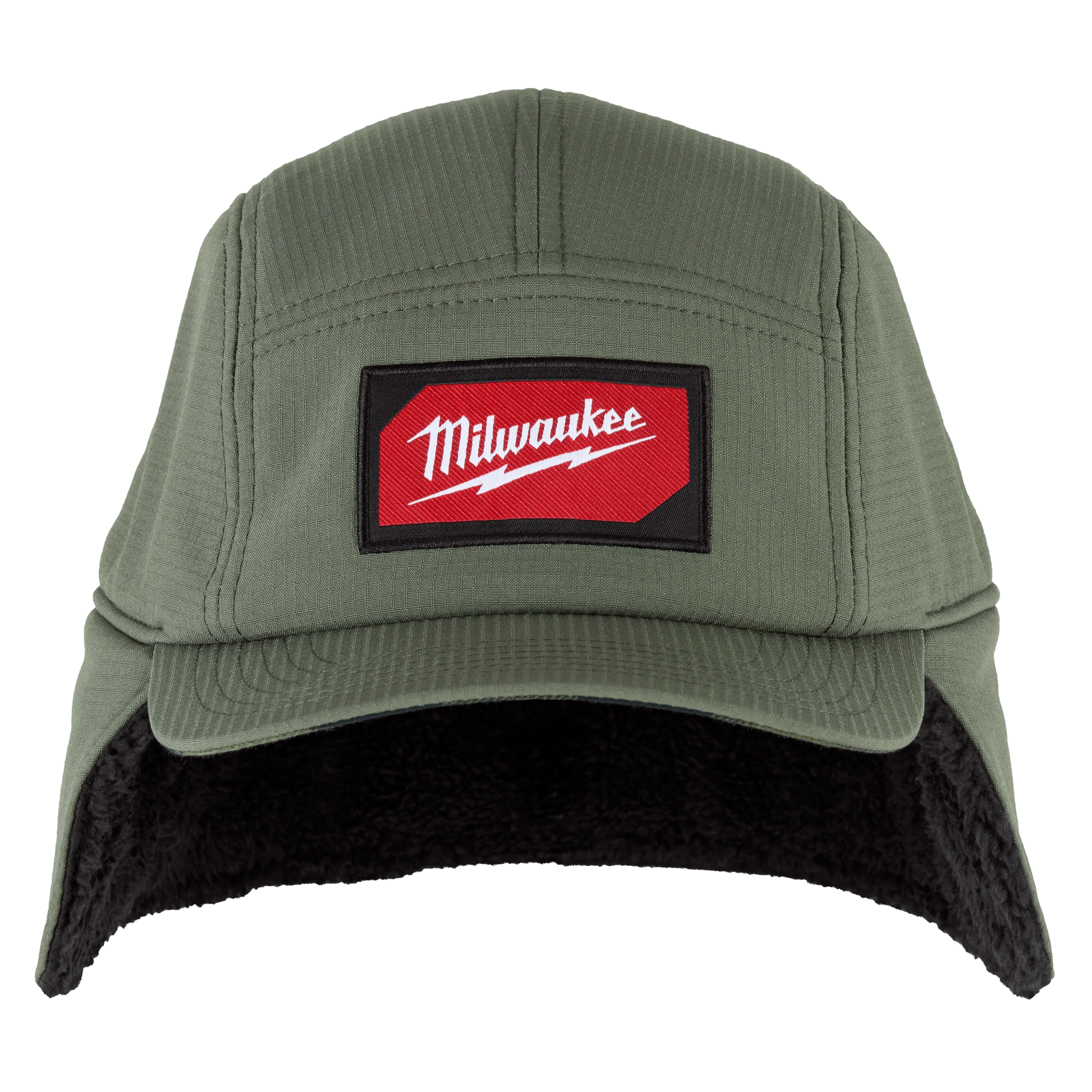 Sherpa-Lined Hat with green fabric and black interior lining. Features a red and white logo patch with "Milwaukee" text on the front.