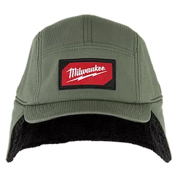 Sherpa-Lined Hat with green fabric and black interior lining. Features a red and white logo patch with "Milwaukee" text on the front.