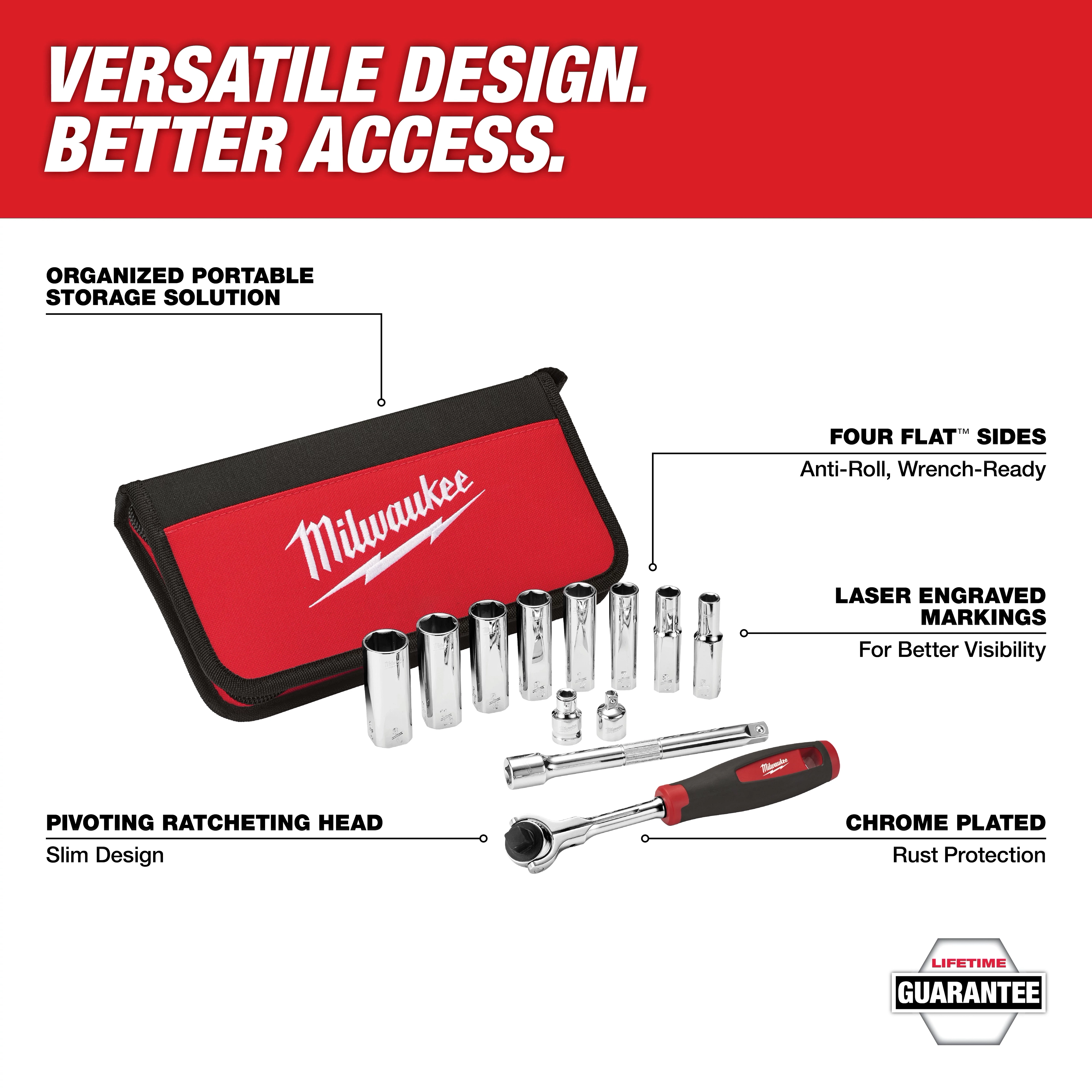 A Milwaukee tool set including a red and black portable storage pouch, various chrome plated sockets, and a pivoting ratcheting head. Features highlighted are four flat sides, laser engraved markings, and rust protection. The top text reads "Versatile Design. Better Access." with a lifetime guarantee badge at the bottom.