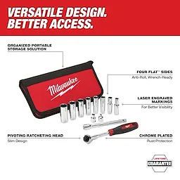 A Milwaukee tool set including a red and black portable storage pouch, various chrome plated sockets, and a pivoting ratcheting head. Features highlighted are four flat sides, laser engraved markings, and rust protection. The top text reads "Versatile Design. Better Access." with a lifetime guarantee badge at the bottom.