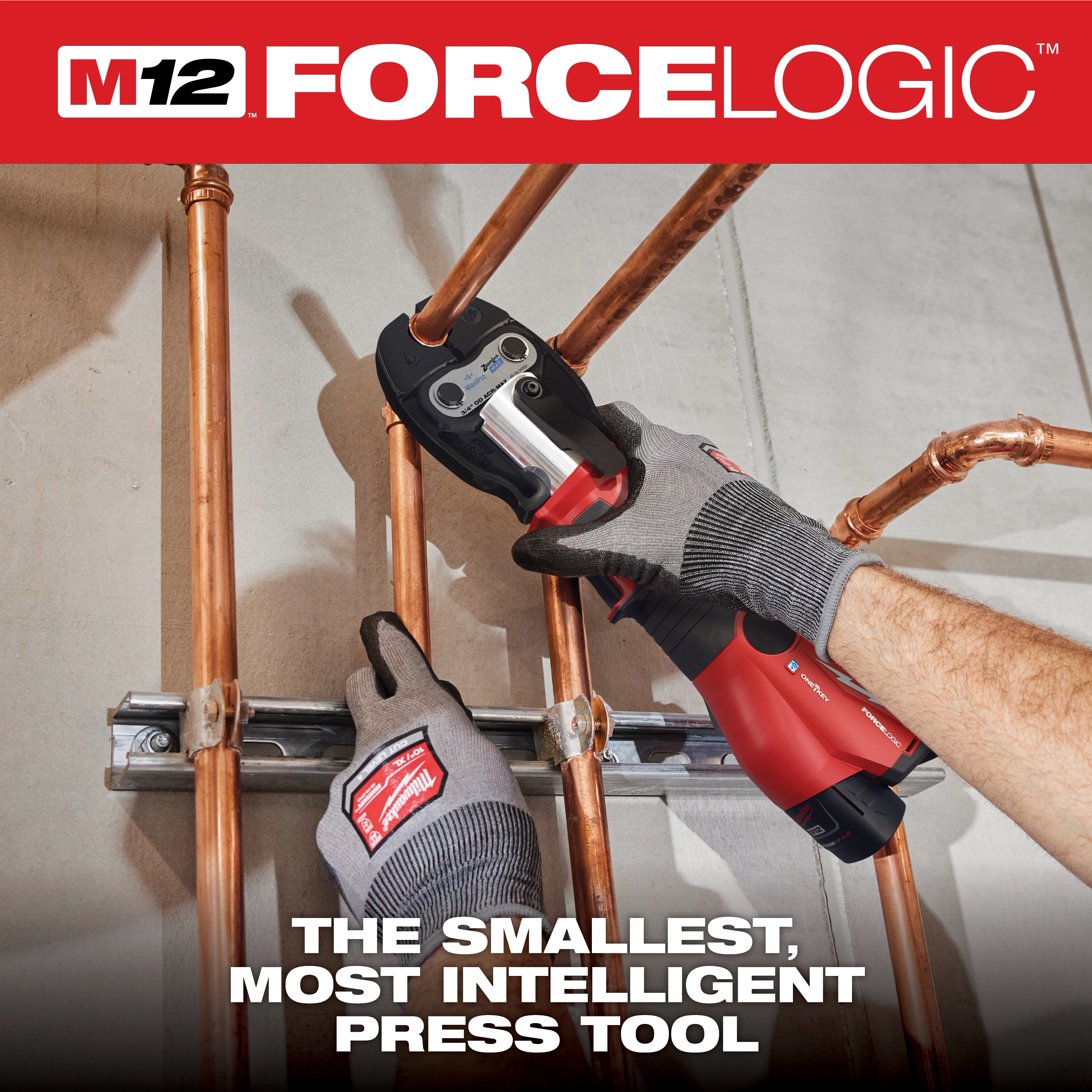 M12 FORCE LOGIC PRESS TOOL KIT w/ ONE KEY with 3/8", 3/4", & 7/8" ZoomLock MAX & >B< MaxiPro Press Jaws pressing pipes.