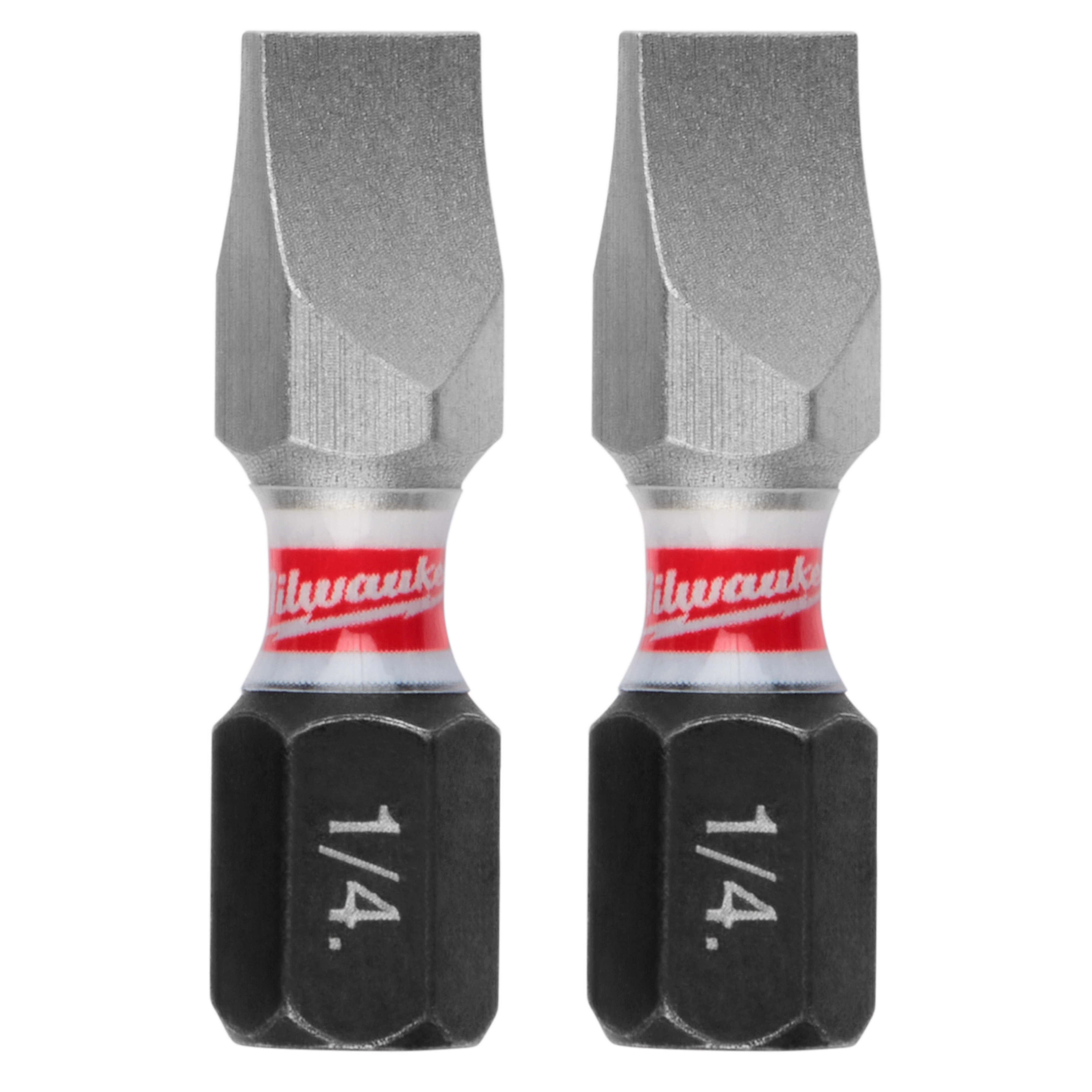 The image shows two SHOCKWAVE™ 1" Impact Duty Slotted 1/4" Insert Bits (2 PK). They are metallic with a red and white Milwaukee band around them and "1/4" marked in white on the black base of each bit.