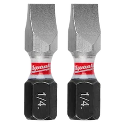 The image shows two SHOCKWAVE™ 1" Impact Duty Slotted 1/4" Insert Bits (2 PK). They are metallic with a red and white Milwaukee band around them and "1/4" marked in white on the black base of each bit.