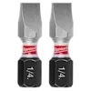 The image shows two SHOCKWAVE™ 1" Impact Duty Slotted 1/4" Insert Bits (2 PK). They are metallic with a red and white Milwaukee band around them and "1/4" marked in white on the black base of each bit.