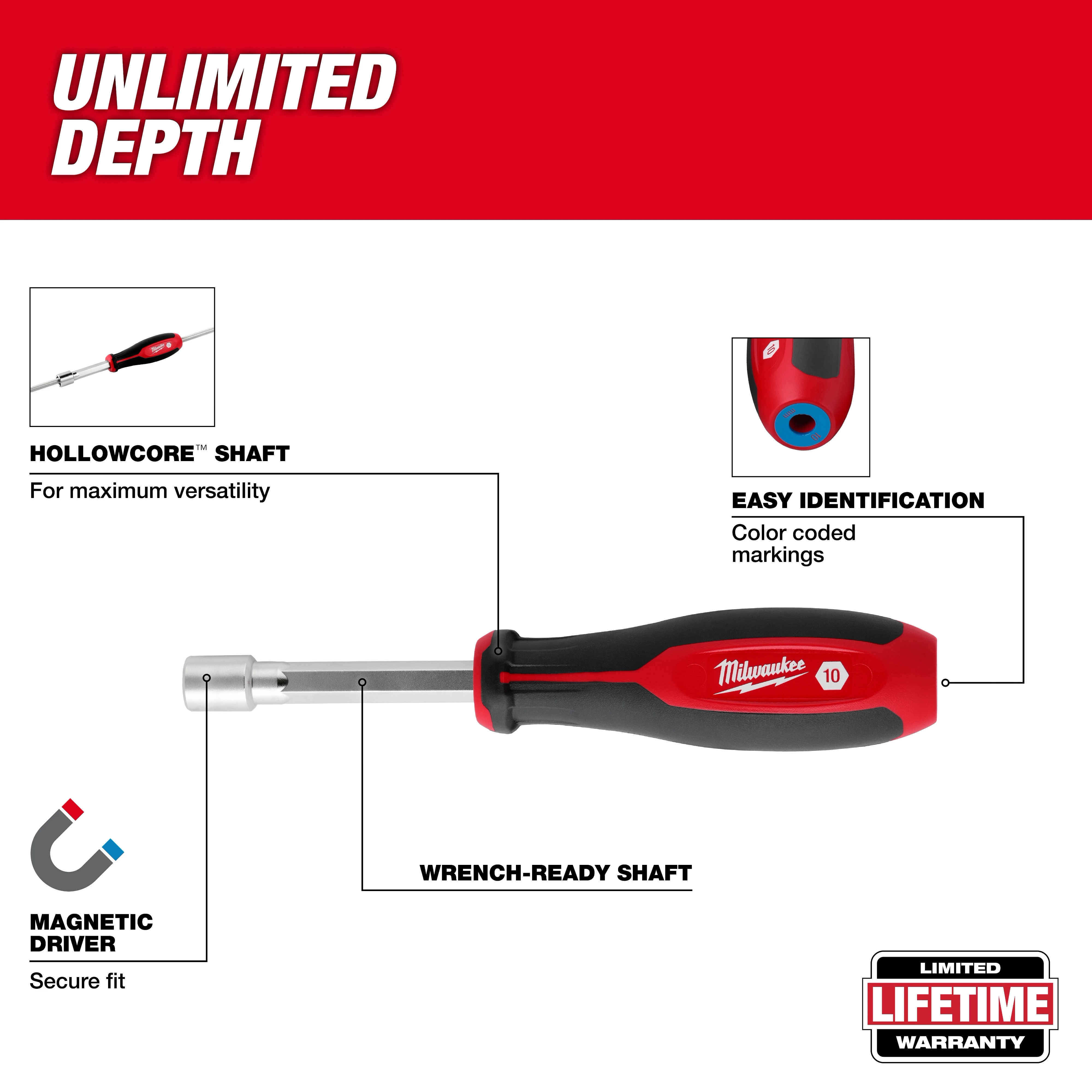 HollowCore Nut Driver Magnetic - Metric with a red handle, easy identification color coding, and a magnetic driver for a secure fit.