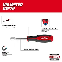 HollowCore Nut Driver Magnetic - Metric with a red handle, easy identification color coding, and a magnetic driver for a secure fit.