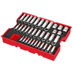 The image shows a 65PC 1/4", 3/8", & 1/2" Drive SAE Socket Set with Tray for PACKOUT™ Drawers. The set is arranged neatly in a red and black tray, featuring various sizes of sockets and accessories organized in rows.