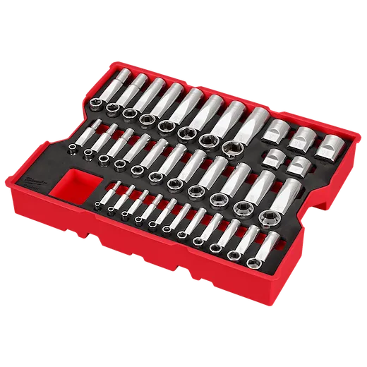 The image shows a 65PC 1/4", 3/8", & 1/2" Drive SAE Socket Set with Tray for PACKOUT™ Drawers. The set is arranged neatly in a red and black tray, featuring various sizes of sockets and accessories organized in rows.