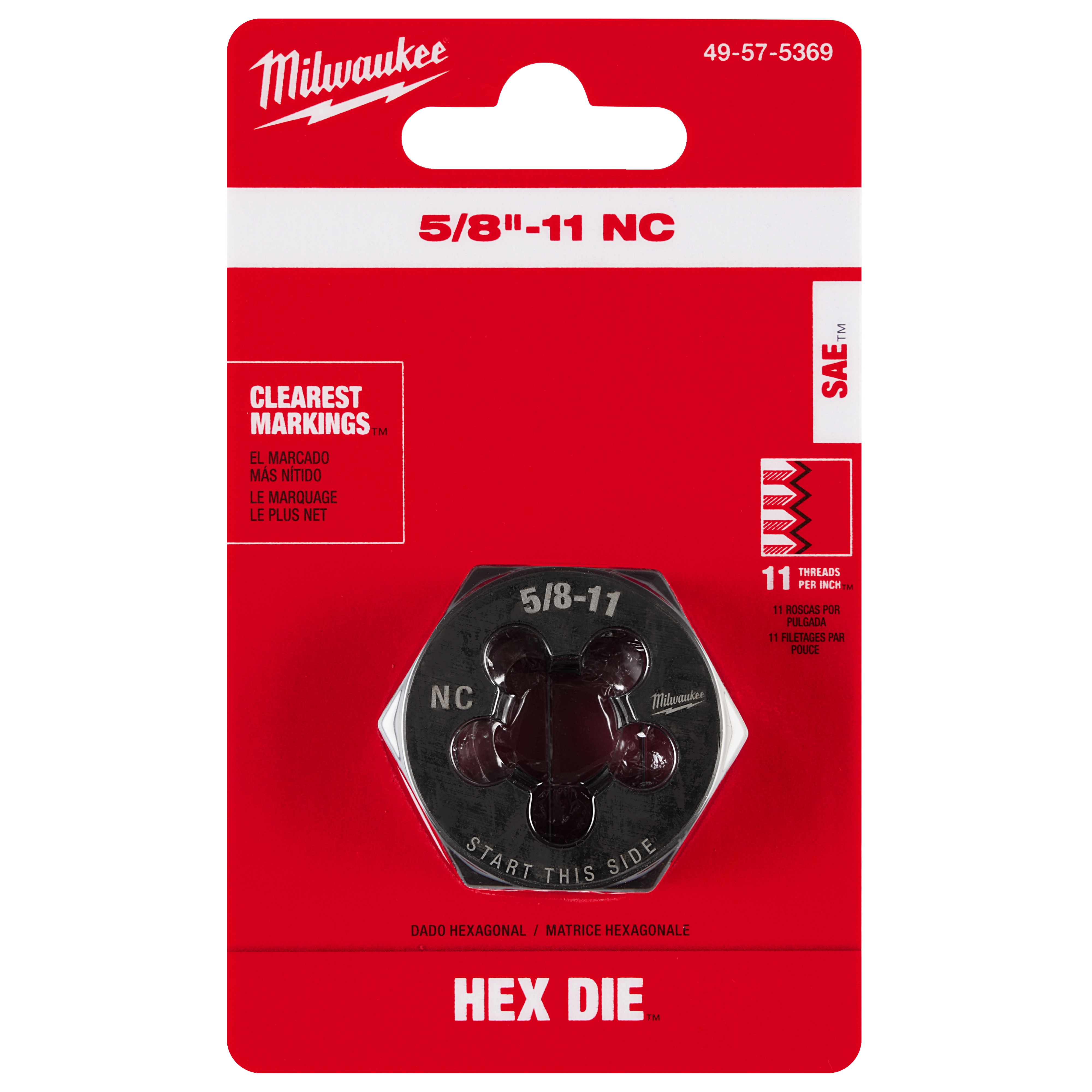 The 5/8"-11 NC 1-7/16" Hex Threading Die, shown in packaging, features clear markings and is designed for creating threads.