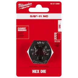 The 5/8"-11 NC 1-7/16" Hex Threading Die, shown in packaging, features clear markings and is designed for creating threads.