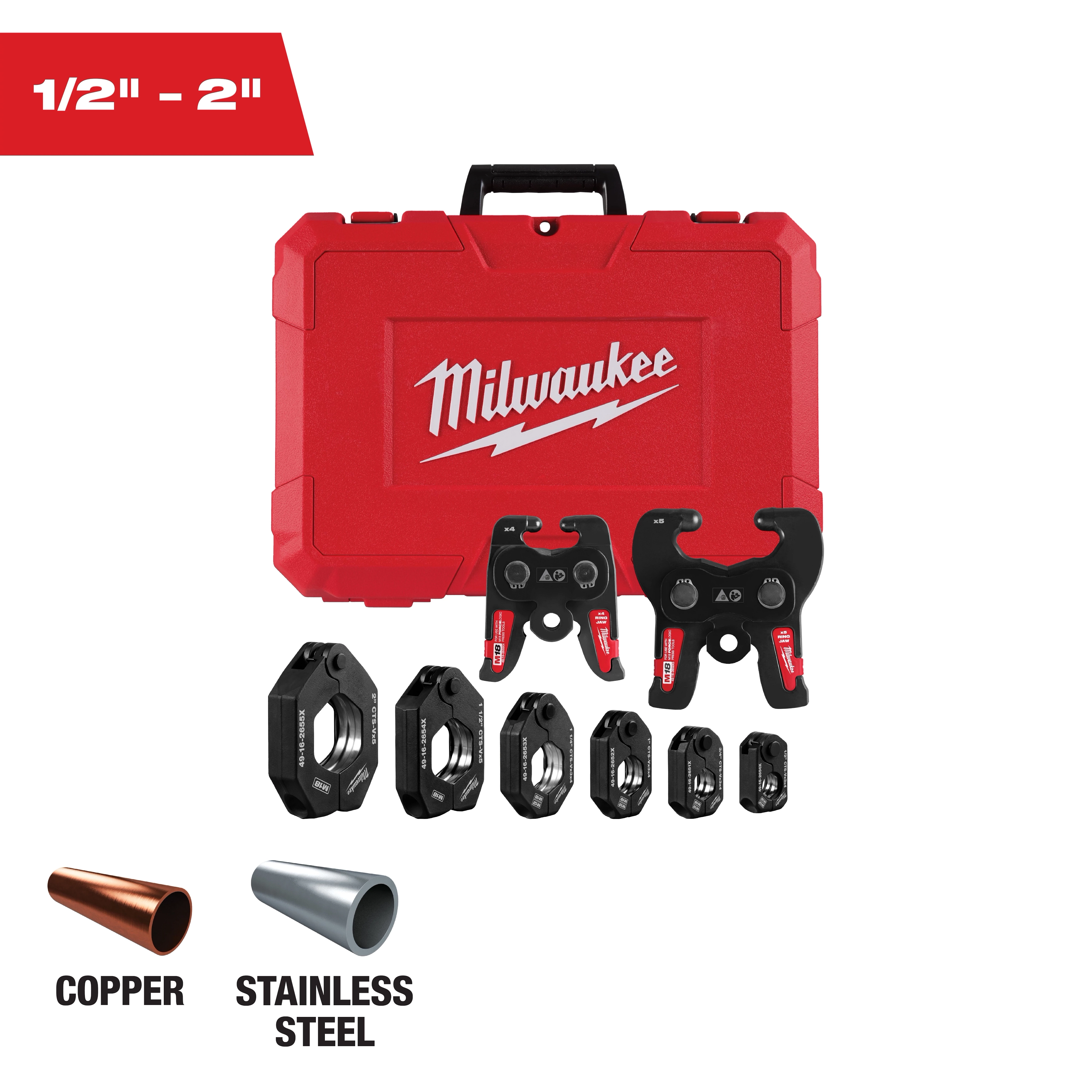 The image shows a Milwaukee tool kit with a red carrying case, two hand tools, and multiple attachments for pipe fitting. The attachments are for use with copper and stainless steel pipes, ranging from 1/2 inch to 2 inches in size.