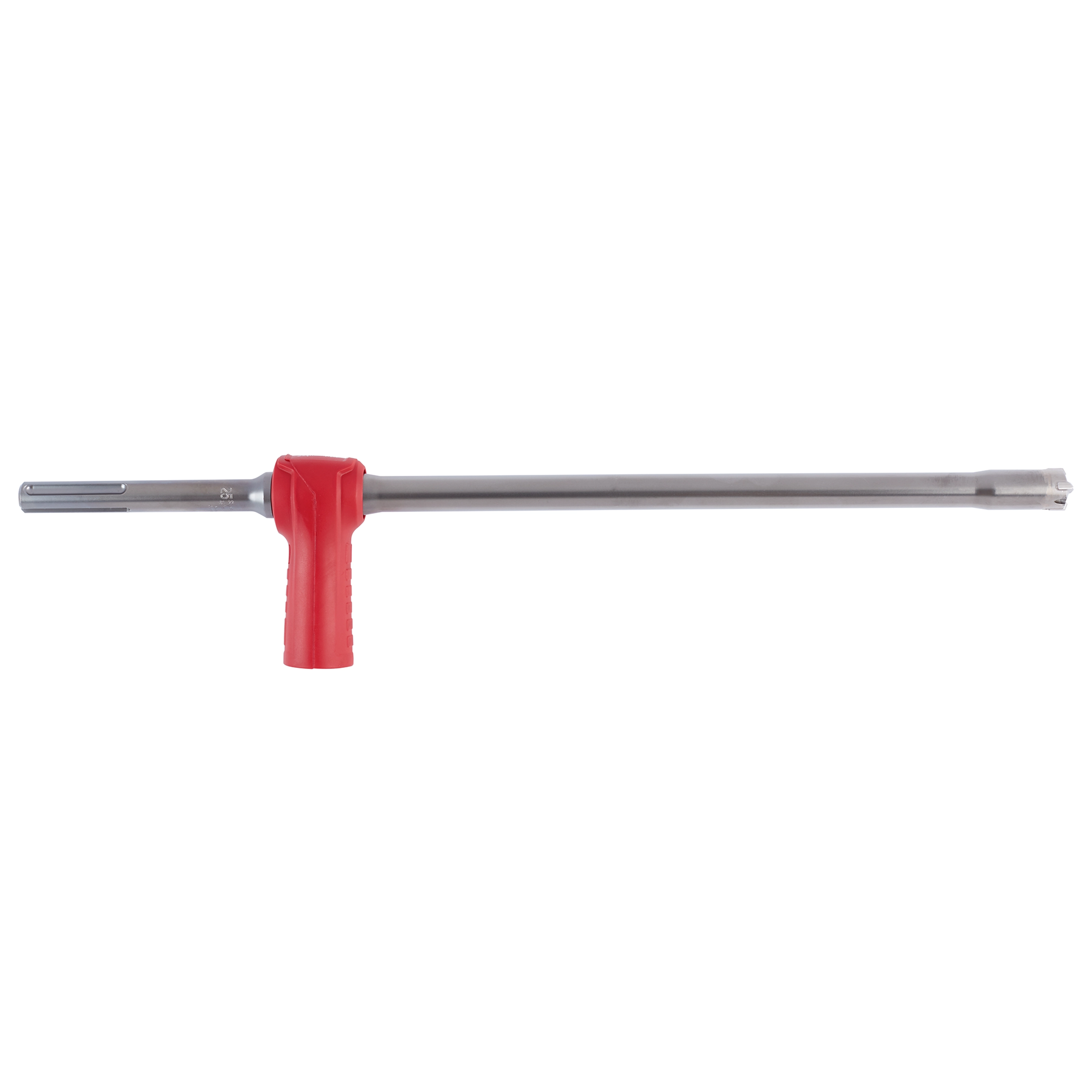 The SDS MAX Vacuum Bit is a long, cylindrical metal drill accessory with a durable red plastic handle on the side. It is designed to fit SDS MAX hammer drills for dust-free drilling operations.