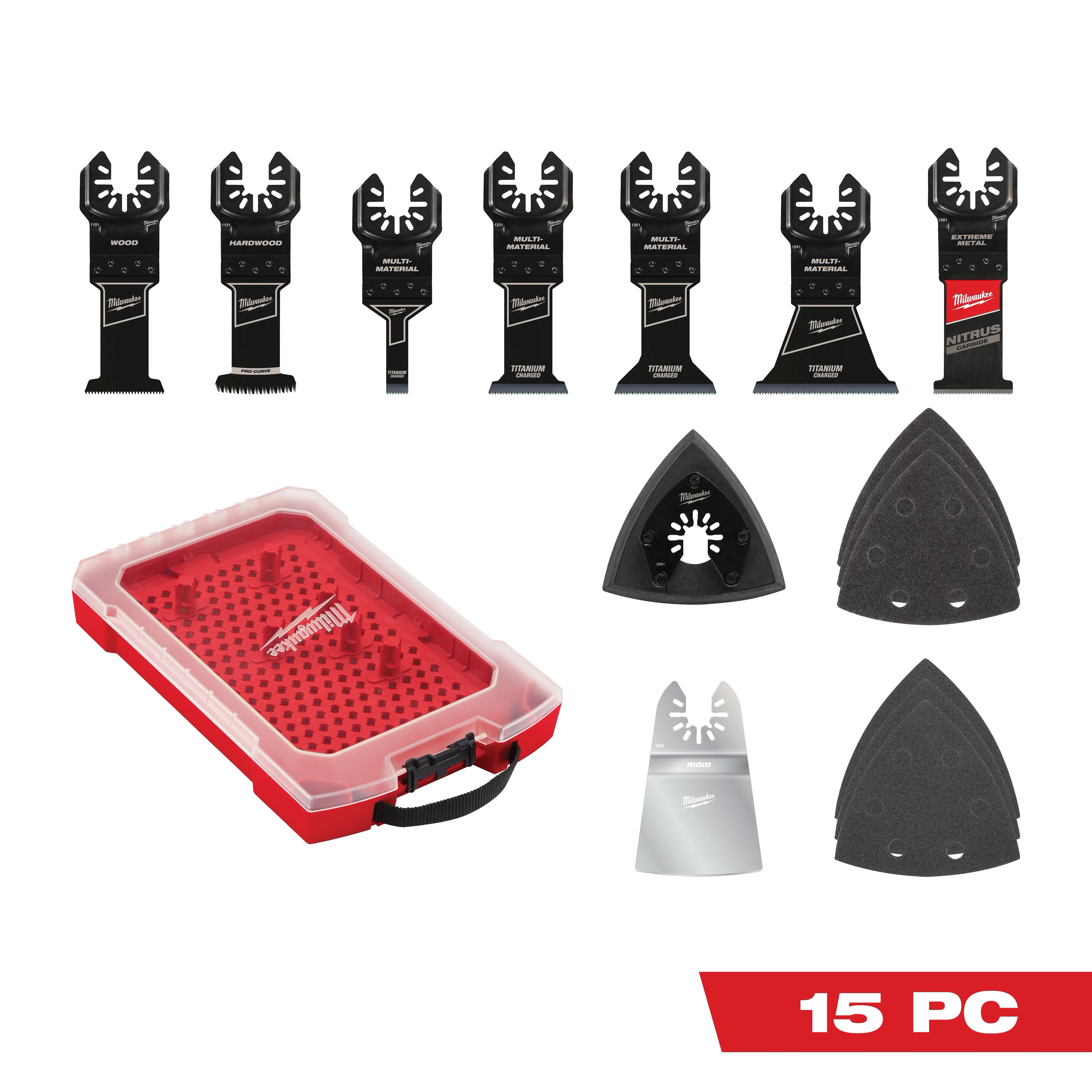 The OPEN-LOK™ 15 PC Oscillating Multi-Tool Blade Set includes various black blades for wood, hardwood, and metal cutting. The set also features sanding pads and a red and clear plastic storage case with a handle. The label at the bottom right reads "15 PC" in red and white.