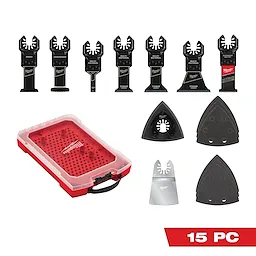 The OPEN-LOK™ 15 PC Oscillating Multi-Tool Blade Set includes various black blades for wood, hardwood, and metal cutting. The set also features sanding pads and a red and clear plastic storage case with a handle. The label at the bottom right reads "15 PC" in red and white.