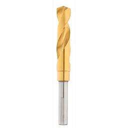 3/4" S&D Titanium Drill Bits have a gold-colored titanium coating for increased durability and performance. The drill bit features a spiral design with a straight shank at the base, suitable for metal, wood, and plastic drilling.