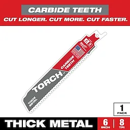 Milwaukee TORCH carbide teeth reciprocating saw blade for thick metal. Blade measures 6 inches in length with 8 teeth per inch. Packaging emphasizes durability with the phrases "Cut Longer. Cut More. Cut Faster." and displays an American flag, indicating USA manufacturing. One pack is included.