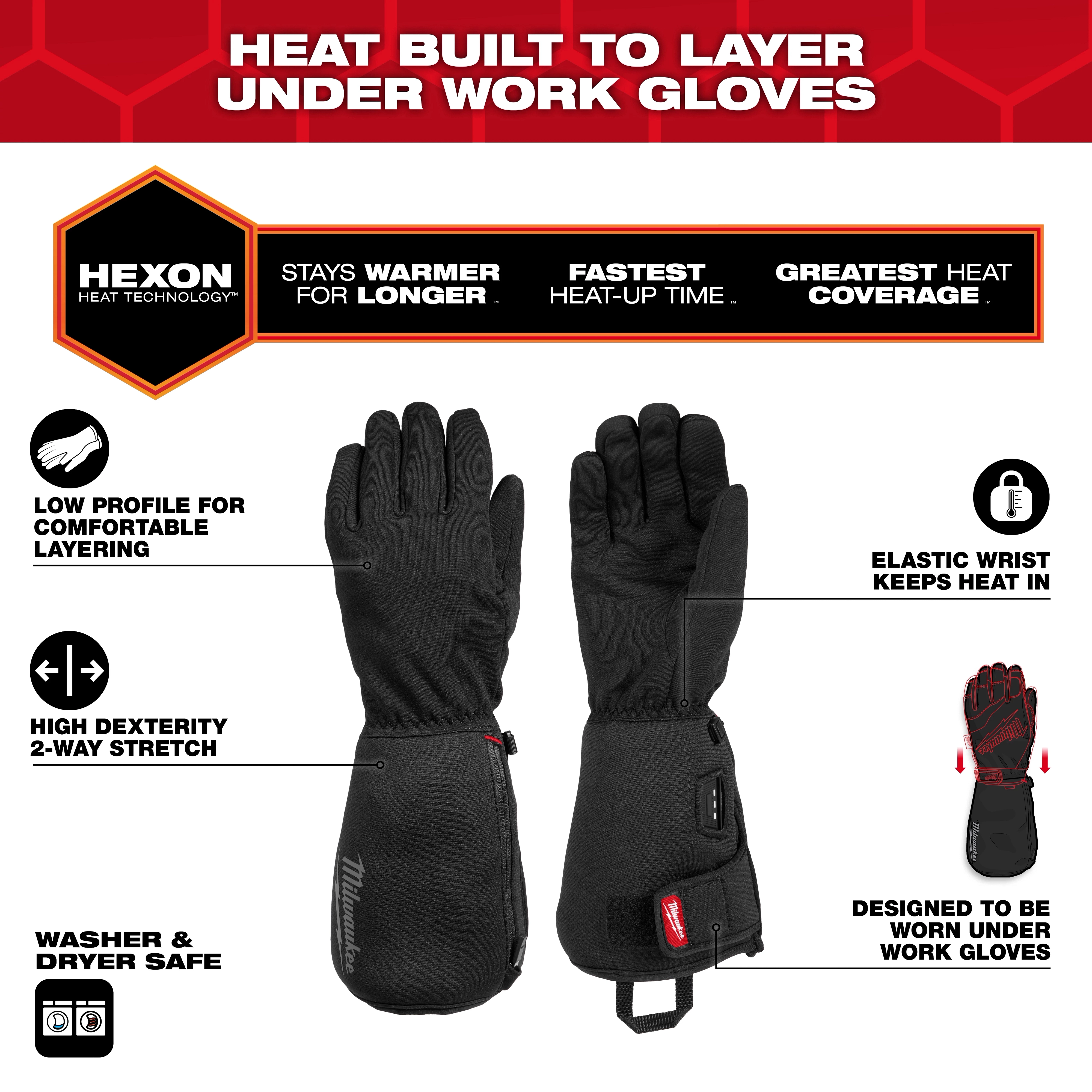 Heated Work Glove Liners feature Hexon heat technology, offering increased warmth, fast heat-up time, and excellent coverage. They have a low profile, high dexterity, elastic wrists, and are designed to layer under work gloves. They are washer and dryer safe with a two-way stretch for comfort.