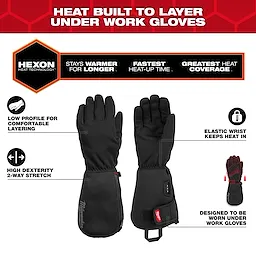 Heated Work Glove Liners feature Hexon heat technology, offering increased warmth, fast heat-up time, and excellent coverage. They have a low profile, high dexterity, elastic wrists, and are designed to layer under work gloves. They are washer and dryer safe with a two-way stretch for comfort.