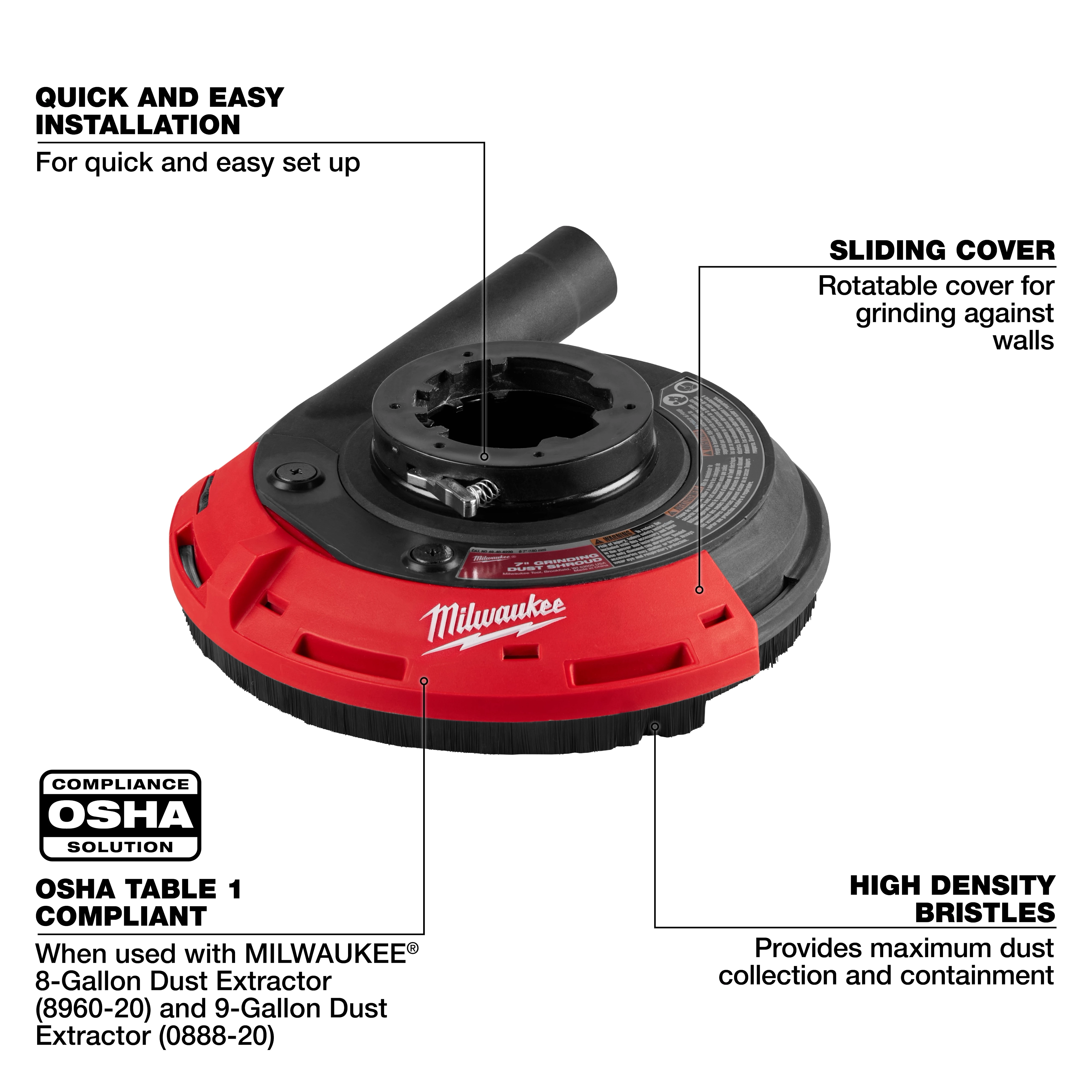 Red and black 7"/9" Surface Grinding Dust Shroud with sliding cover, compatible with select large-angle grinders, designed for dust collection.