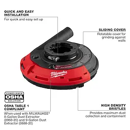 Red and black 7"/9" Surface Grinding Dust Shroud with sliding cover, compatible with select large-angle grinders, designed for dust collection.