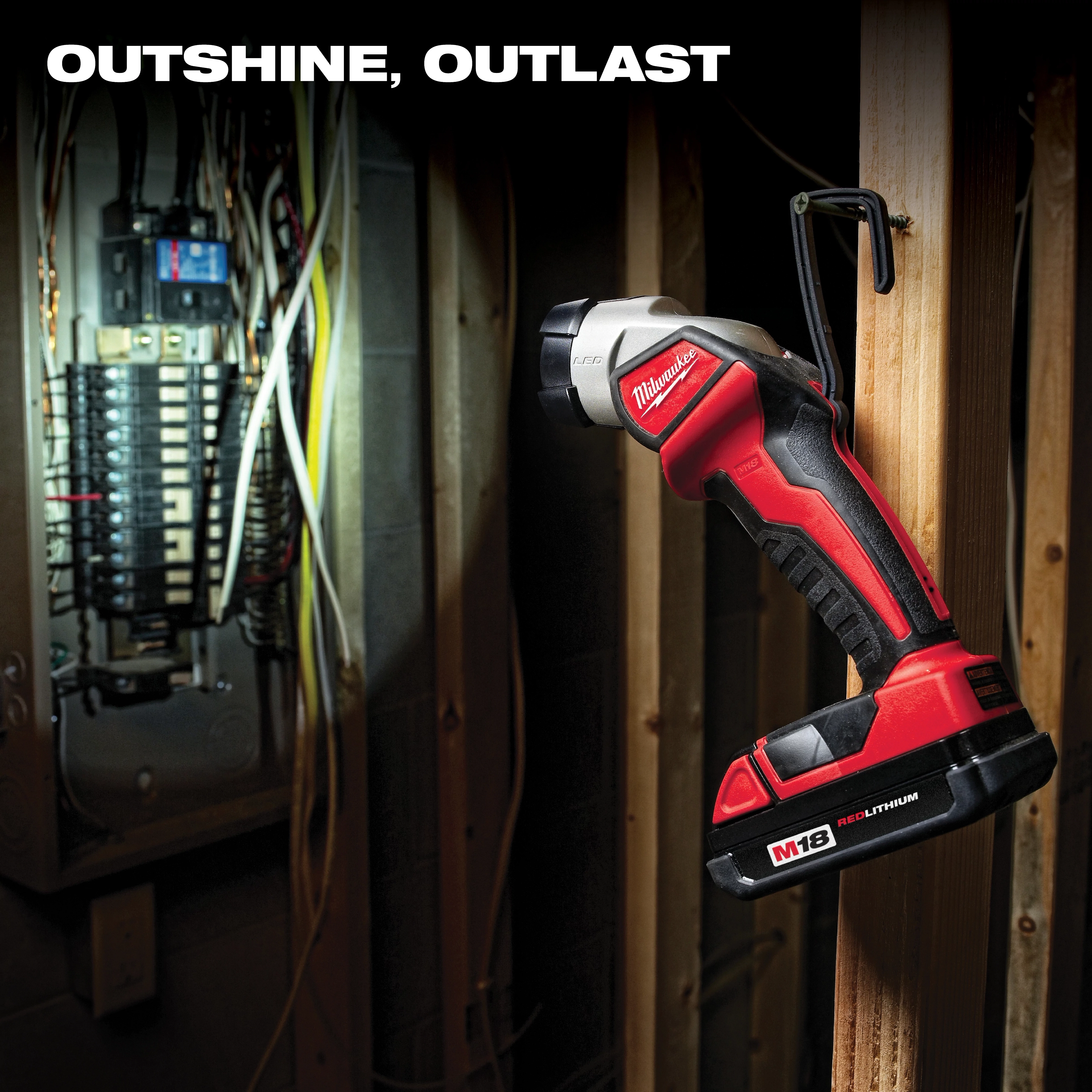 The image features the M18  LITHIUM-ION 4-Tool Combo Kit from Milwaukee. It shows a red and black cordless tool hanging on a hook in a dimly lit utility area, nearby some electrical wiring. Text at the top reads, "OUTSHINE, OUTLAST."