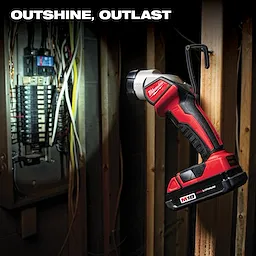 The image features the M18  LITHIUM-ION 4-Tool Combo Kit from Milwaukee. It shows a red and black cordless tool hanging on a hook in a dimly lit utility area, nearby some electrical wiring. Text at the top reads, "OUTSHINE, OUTLAST."