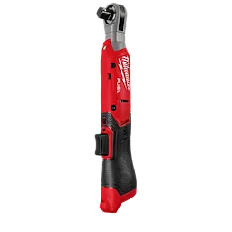 Milwaukee cordless right-angle ratchet with an ergonomic design featuring red and black colors. Suitable for tight spaces and equipped with a variable speed trigger for flexibility.