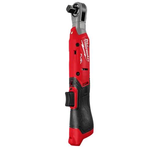 Milwaukee cordless right-angle ratchet with an ergonomic design featuring red and black colors. Suitable for tight spaces and equipped with a variable speed trigger for flexibility.