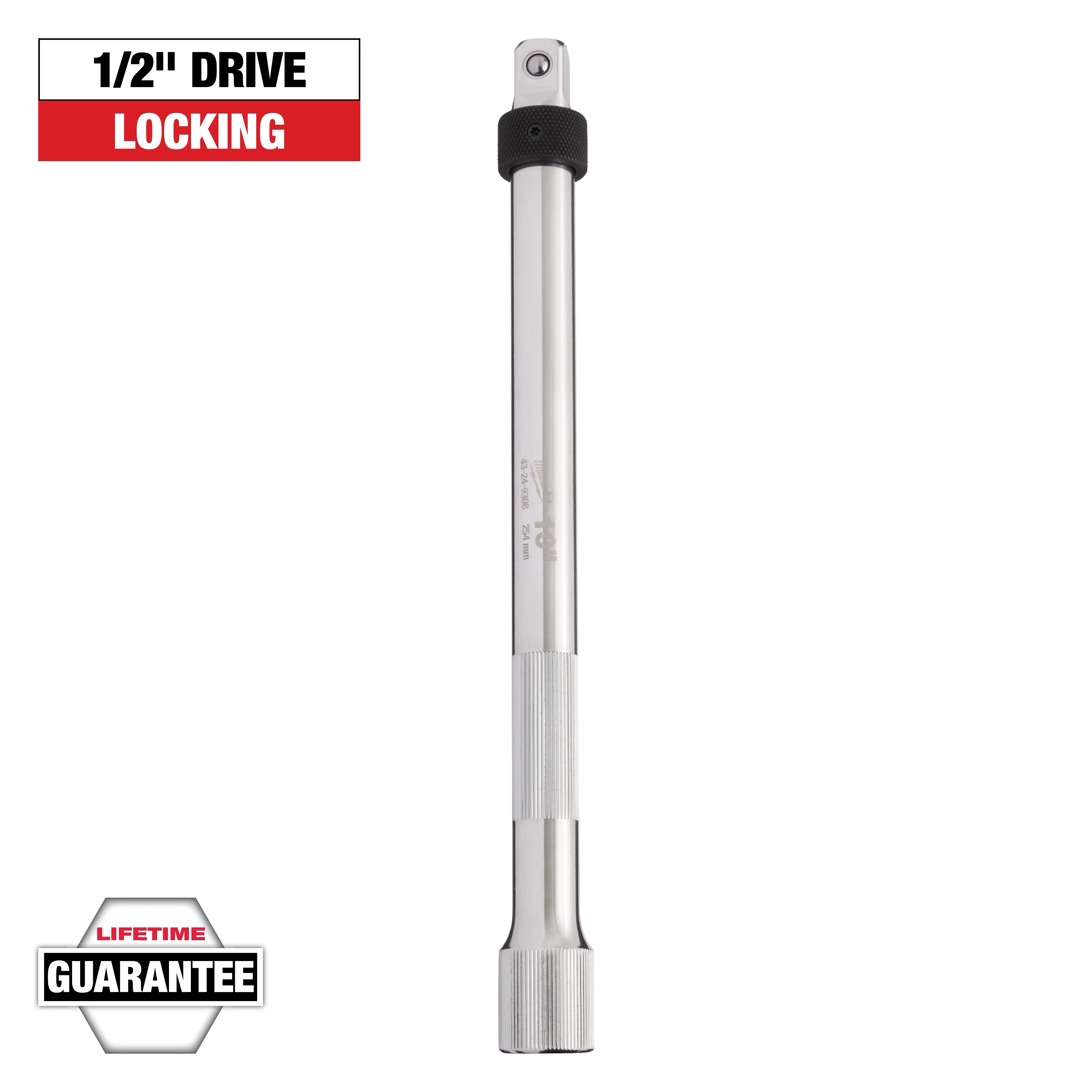 This image shows a 1/2" drive locking extension bar used for tightening and loosening nuts and bolts. The tool has a chrome finish, and there is a "Lifetime Guarantee" badge in the bottom left corner.