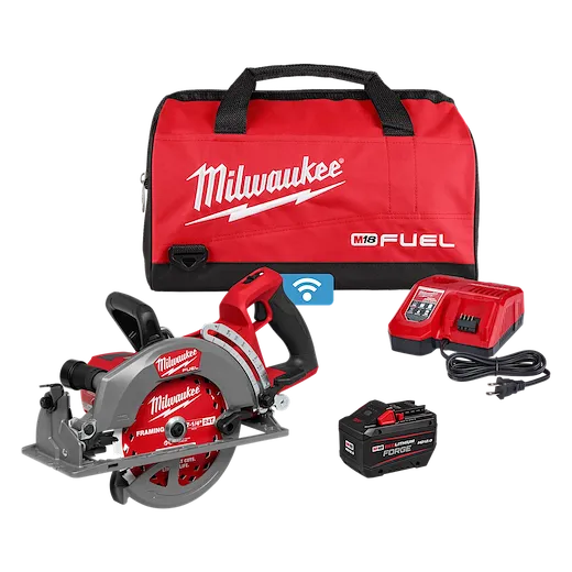 The M18 FUEL 7-1/4" Rear Handle Circular Saw w/ONE-KEY Kit includes a saw, battery, charger, and carrying bag. The kit provides advanced cutting performance with wireless tool tracking and compatibility.