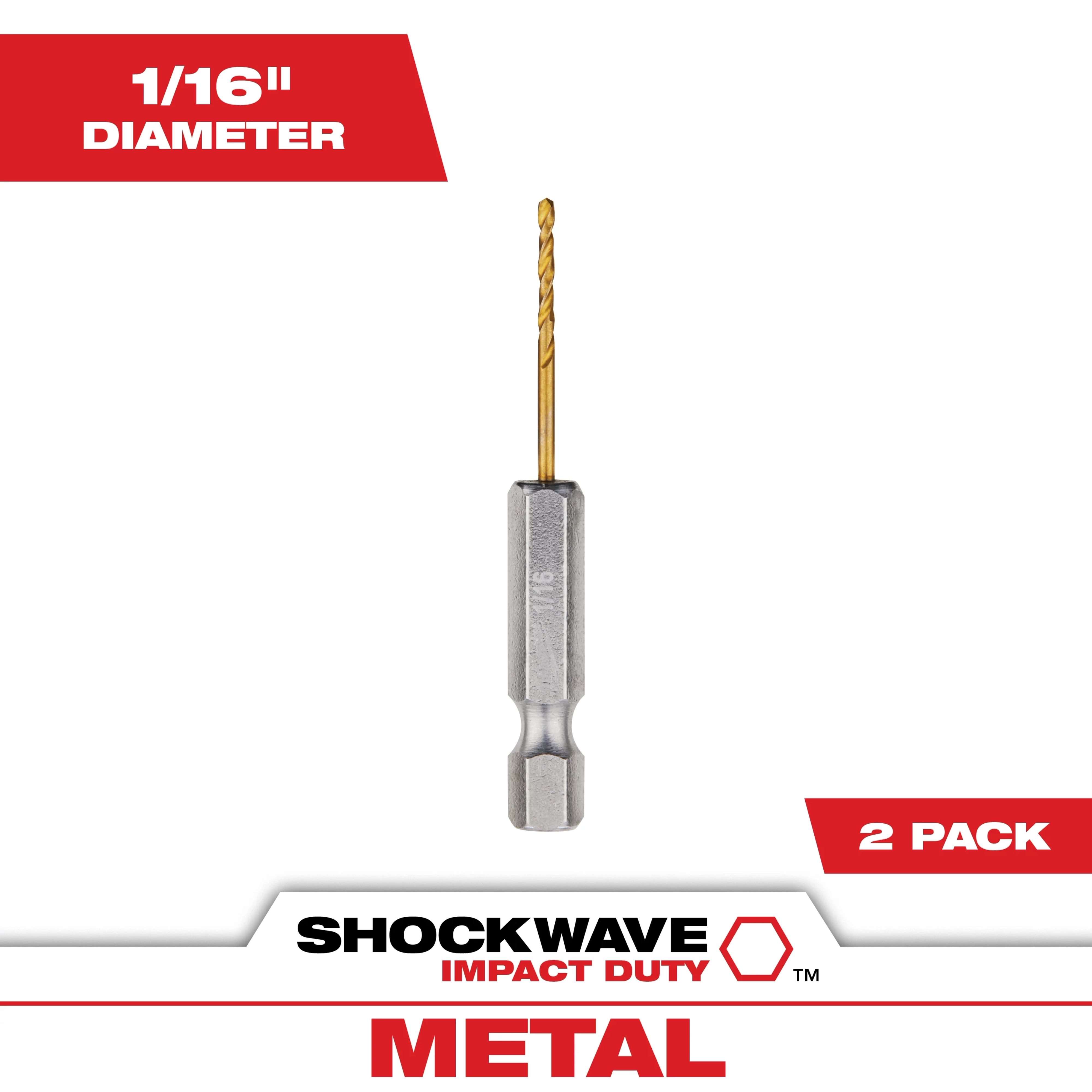 The SHOCKWAVE 1/16 in. Titanium Twist Drill Bit, shown in a 2-pack, has a 1/16-inch diameter and is designed for impact duty. The bit has a hexagonal shank for secure fastening and a titanium coating for durability and metal drilling applications.