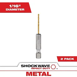 The SHOCKWAVE 1/16 in. Titanium Twist Drill Bit, shown in a 2-pack, has a 1/16-inch diameter and is designed for impact duty. The bit has a hexagonal shank for secure fastening and a titanium coating for durability and metal drilling applications.
