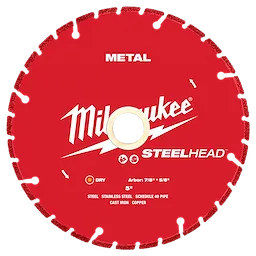 The 5” STEELHEAD™ Metal Cutting Diamond Blade from Milwaukee is red, features a circular design, and is designed for dry cutting. It indicates compatibility with steel, stainless steel, schedule 40 pipe, cast iron, and copper. It has an arbor size of 7/8 - 5/8 inches.