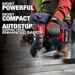 A person uses a powerful, compact M18 FUEL drill equipped with AUTOSTOP for enhanced safety while drilling into a metal surface.