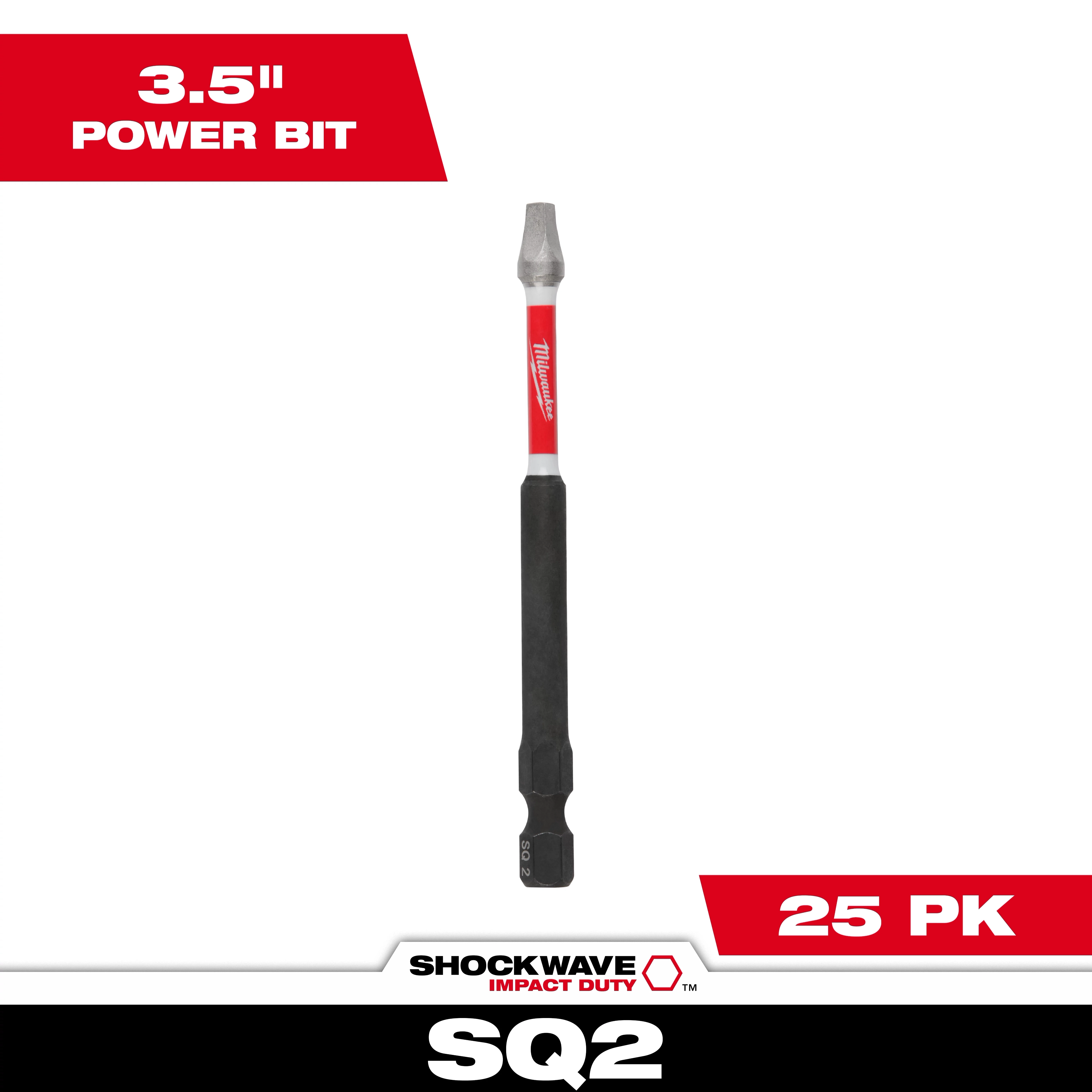 The image shows the SHOCKWAVE™ 3-1/2" Impact Duty Square Recess #2 Power Bits (25 PK). The bit is black with a red and white band and is designed for heavy-duty impact applications. The box emphasizes key features like "3.5'' power bit" and the pack quantity "25 PK".
