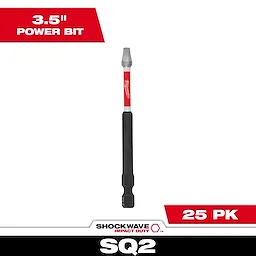The image shows the SHOCKWAVE™ 3-1/2" Impact Duty Square Recess #2 Power Bits (25 PK). The bit is black with a red and white band and is designed for heavy-duty impact applications. The box emphasizes key features like "3.5'' power bit" and the pack quantity "25 PK".