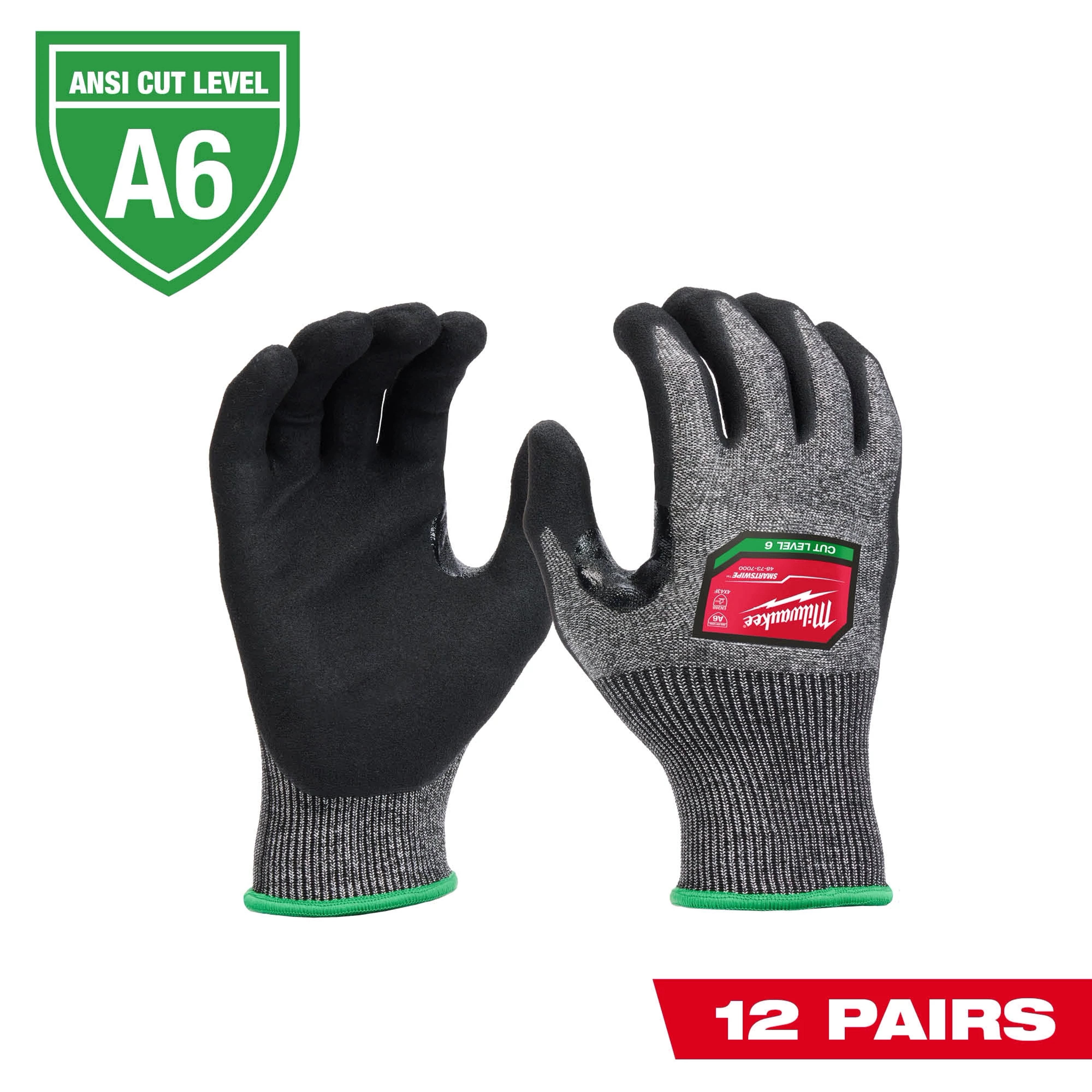 12 Pairs Cut Level 6 High-Dexterity Nitrile Dipped Gloves in grey textile with black nitrile coating and green trim, ANSI Cut Level A6.