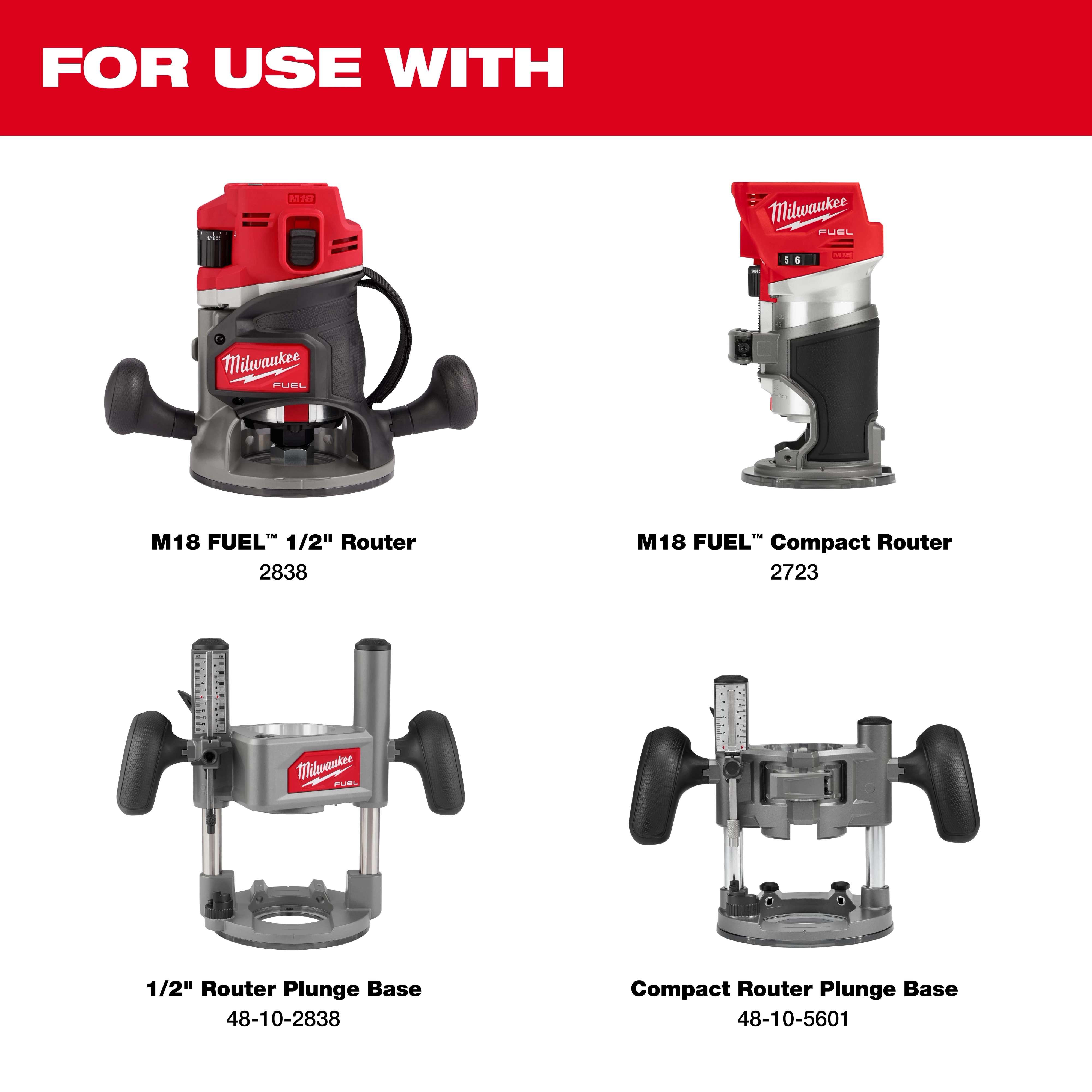 M18 FUEL 1/2" Track Adapter is compatible with the M18 FUEL 1/2" Router, M18 FUEL Compact Router, and the plunge bases shown.