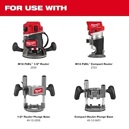 M18 FUEL 1/2" Track Adapter is compatible with the M18 FUEL 1/2" Router, M18 FUEL Compact Router, and the plunge bases shown.