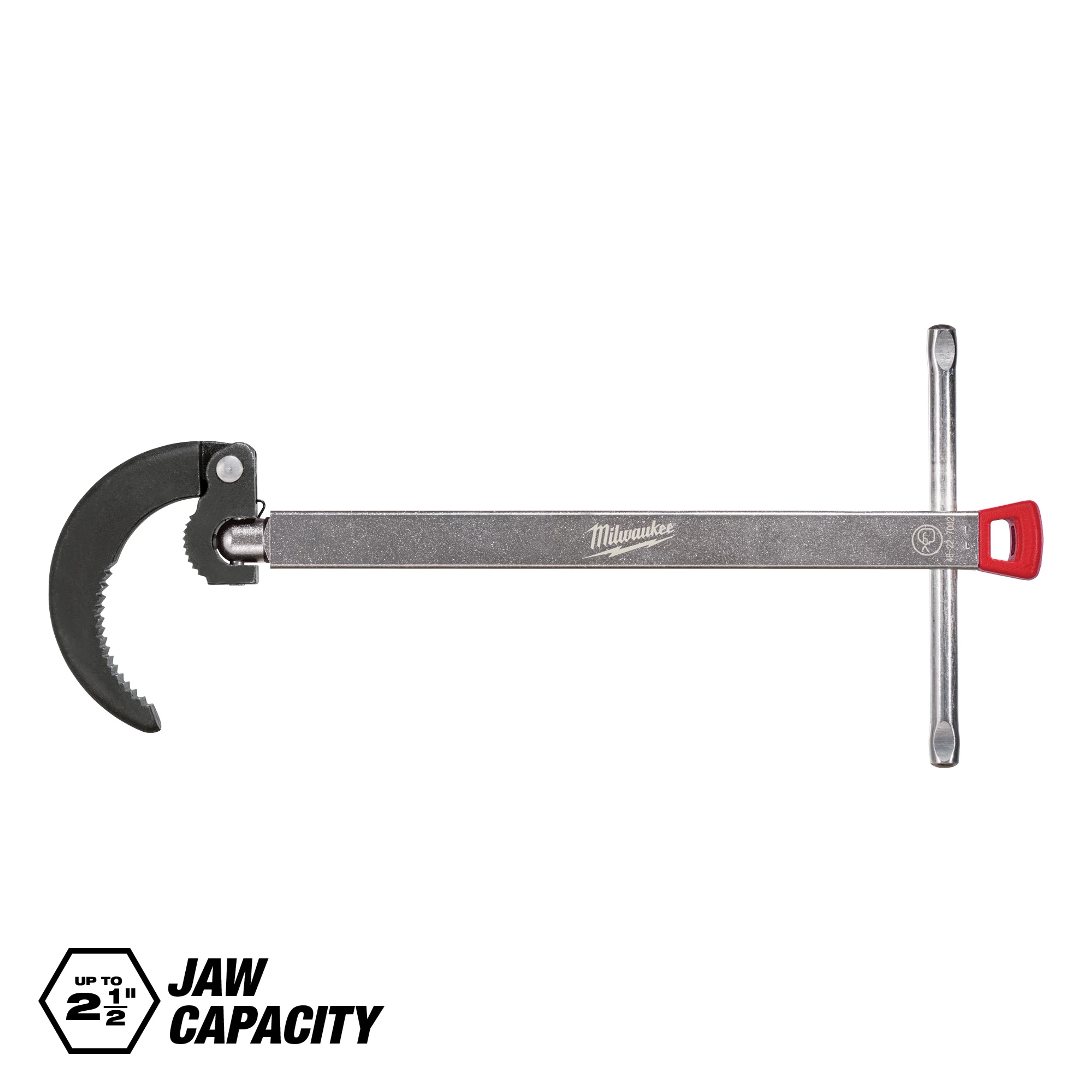 Milwaukee HOLE DOZER with a metal body and black, serrated adjustable jaw capable of gripping up to 2 1/2 inches. It features a T-handle and red end piece.