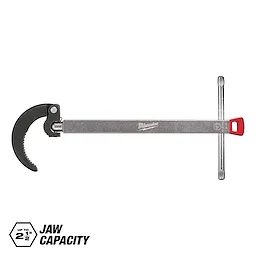 Milwaukee HOLE DOZER with a metal body and black, serrated adjustable jaw capable of gripping up to 2 1/2 inches. It features a T-handle and red end piece.