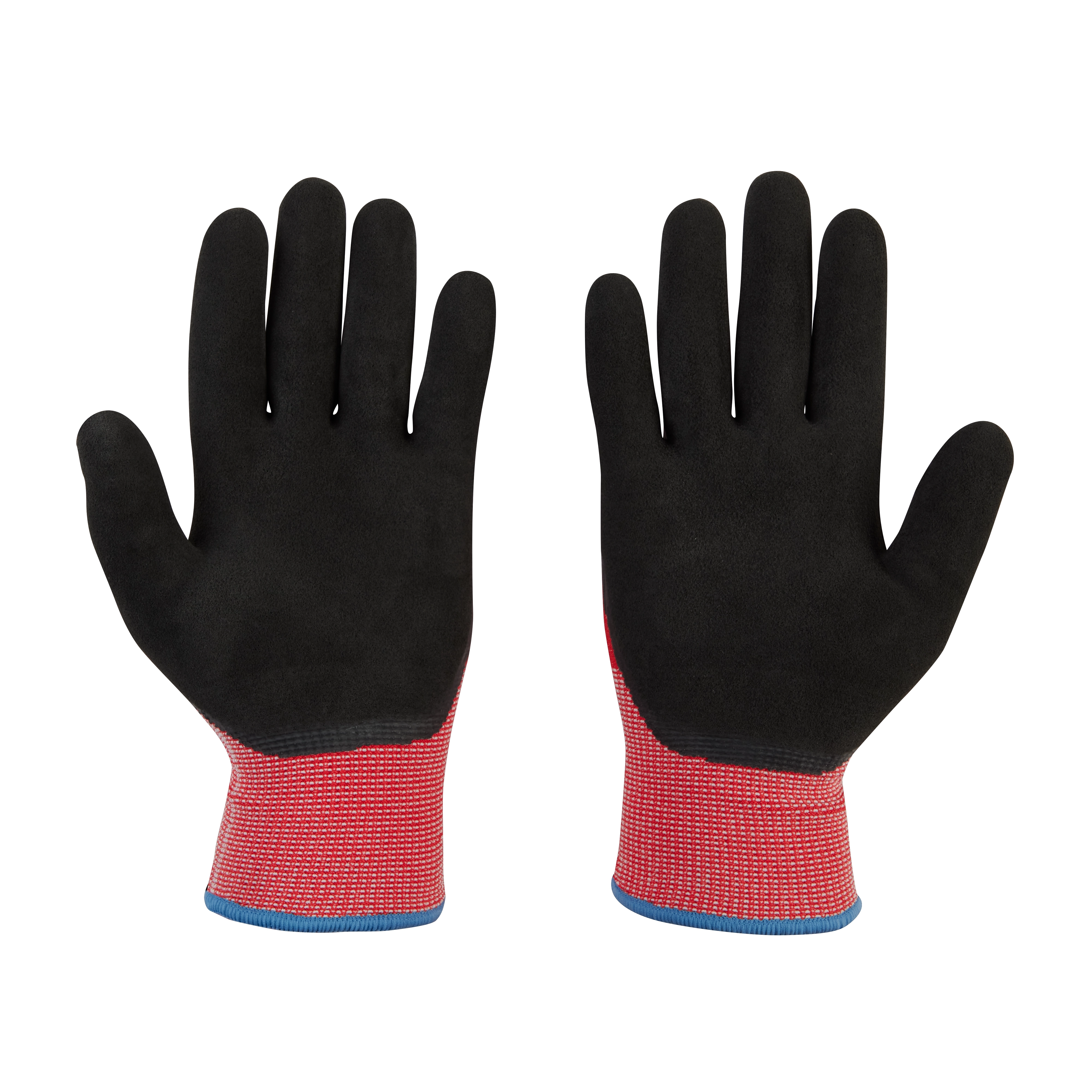 Cut Level 2 Winter Dipped Gloves - M, featuring black palms and fingers with red and grey patterned fabric cuffs.