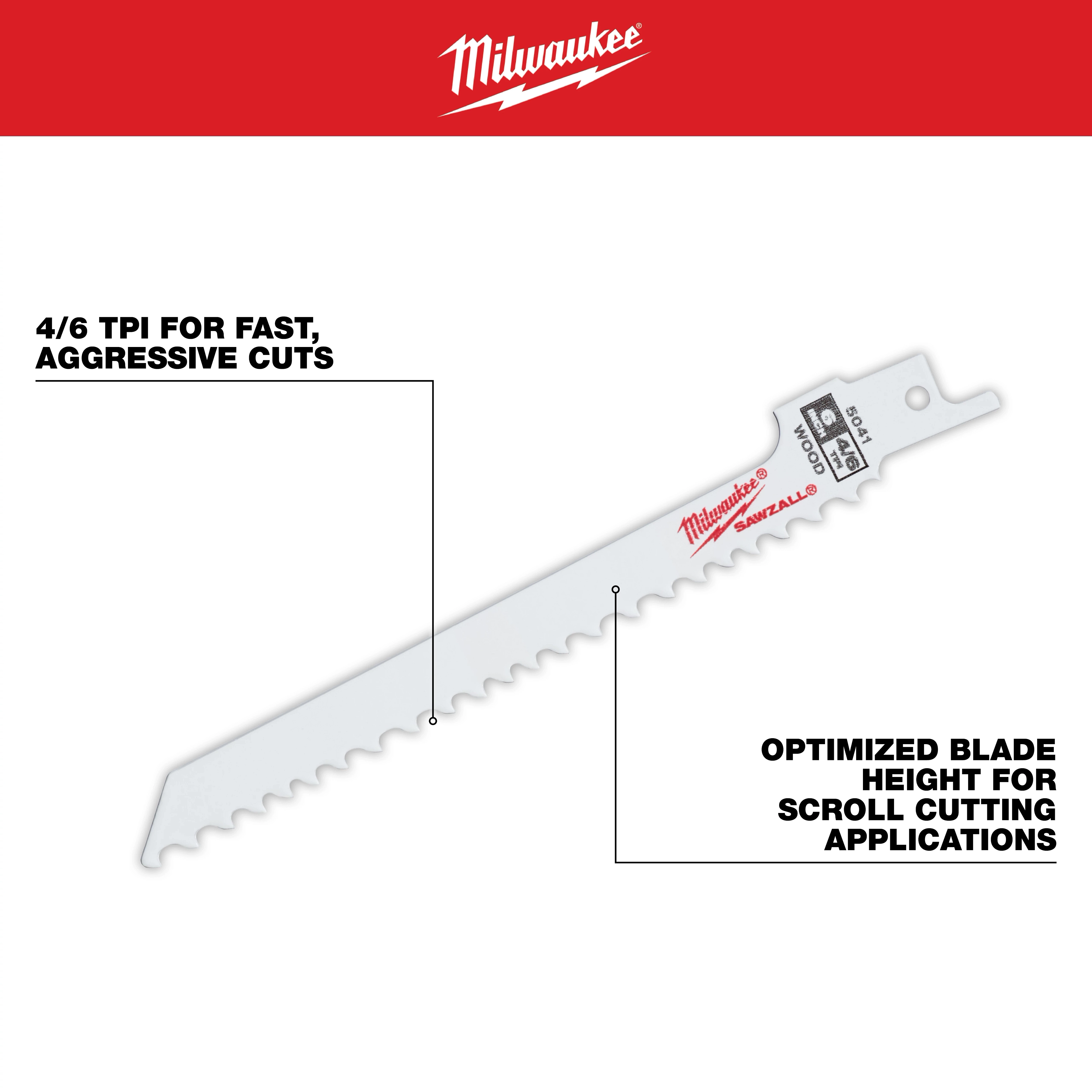 6" 4/6 TPI SAWZALL Blade for Wood Scroll (5 PK) with optimized blade height for scroll cutting applications and fast, aggressive cuts.
