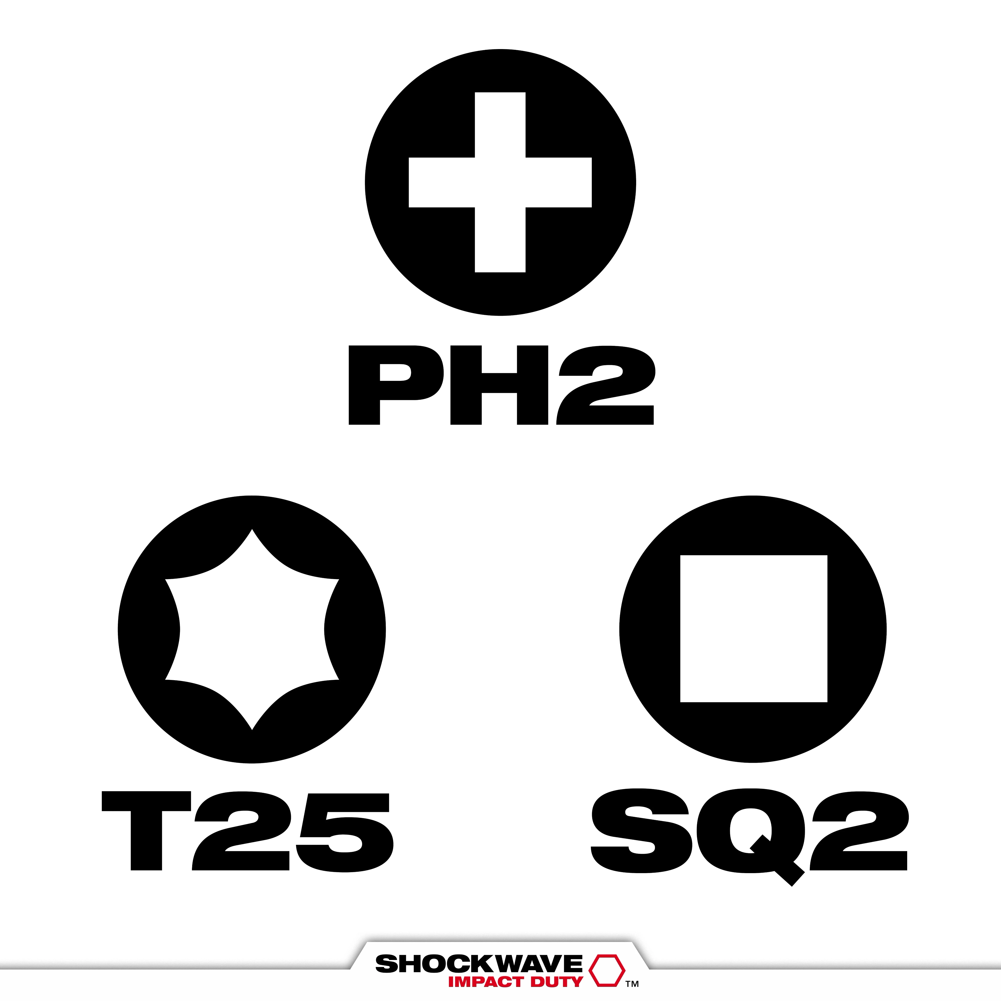 This image displays three different screwdriver tip types for the SHOCKWAVE™ product line: PH2 (Phillips), T25 (Torx), and SQ2 (Square). Each tip type is represented with its respective symbol and name below it.