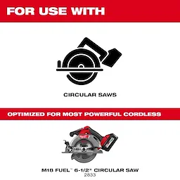 6-1/2” 24T Thick Kerf Framing Circular Saw Blade shown with a cordless circular saw illustration and text labels.