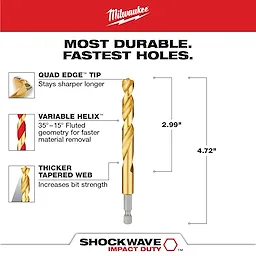 Milwaukee Shockwave 25/64 in. Titanium Drill Bit features a Quad Edge tip for sharpness, a Variable Helix design for fast material removal, and a Thicker Tapered Web for increased strength. The bit measures 4.72 inches in length and 2.99 inches from the tip to the flutes.