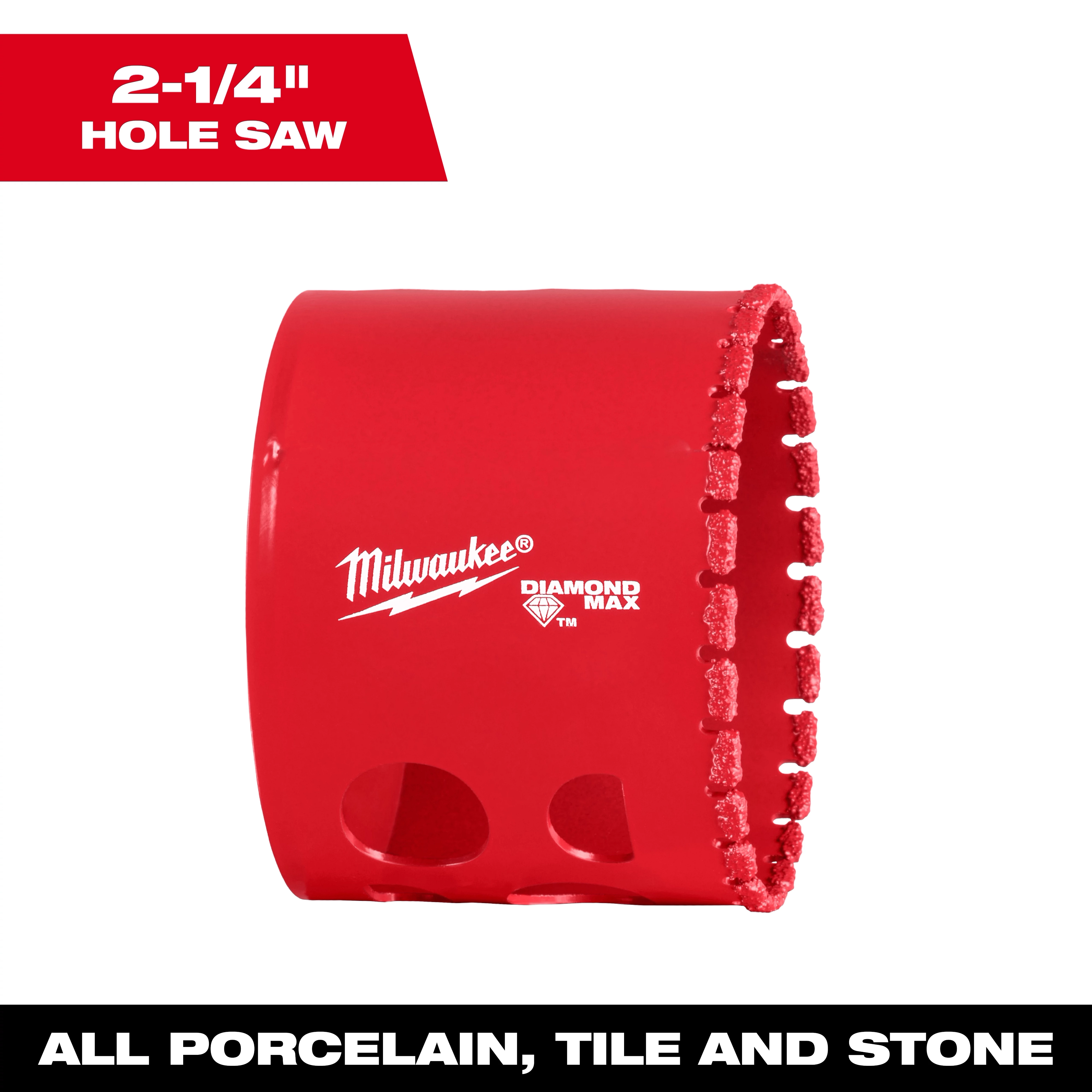 Milwaukee 2-1/4" Diamond Max Hole Saw, red, designed for cutting porcelain, tile, and stone.