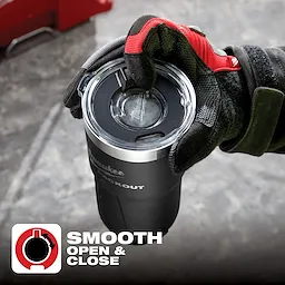 Gloved hand holding a black PACKOUT thermal tumbler with a clear lid. Text reads "Smooth Open & Close" with an icon.