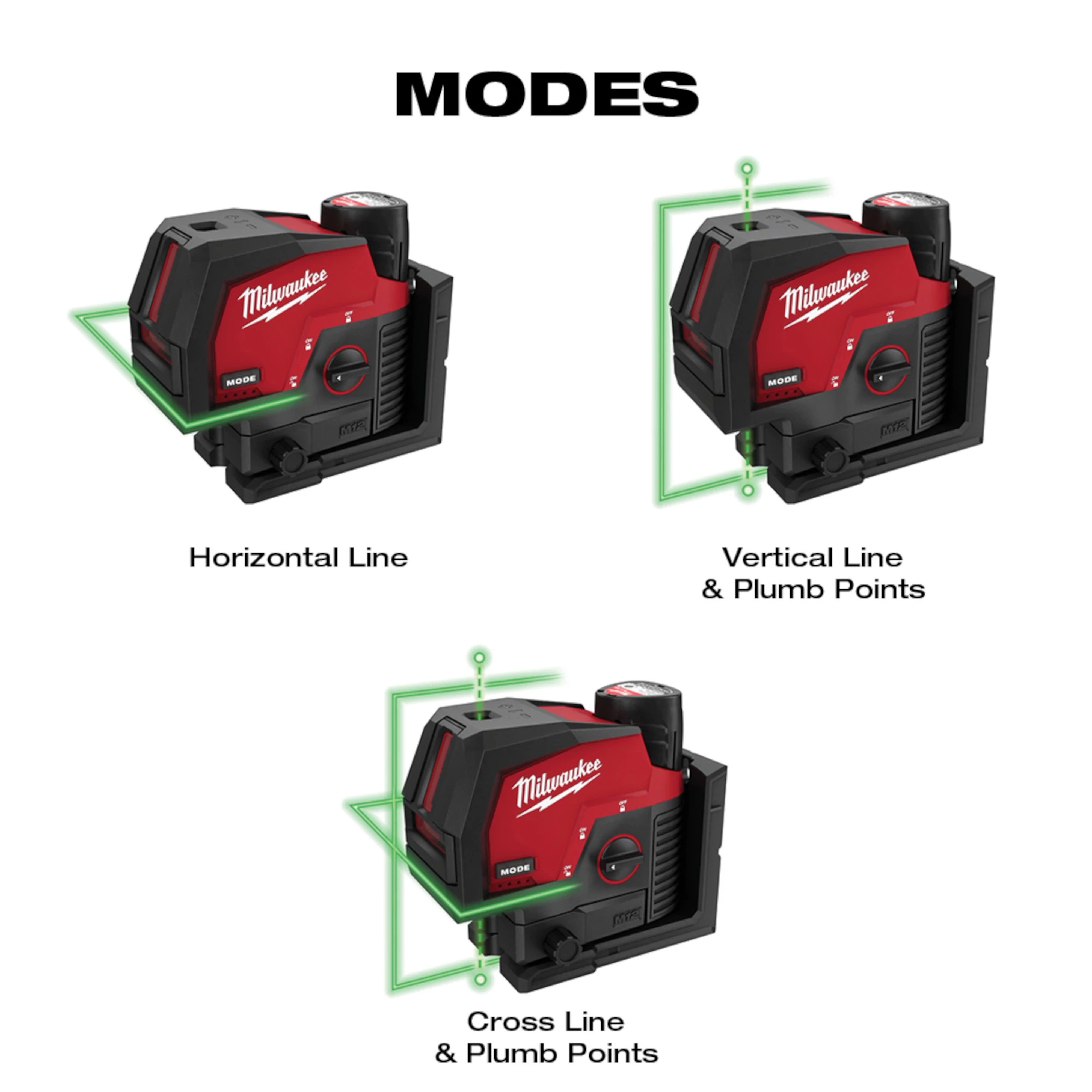 M12™ Green Cross Line and Plumb Points Laser Modes