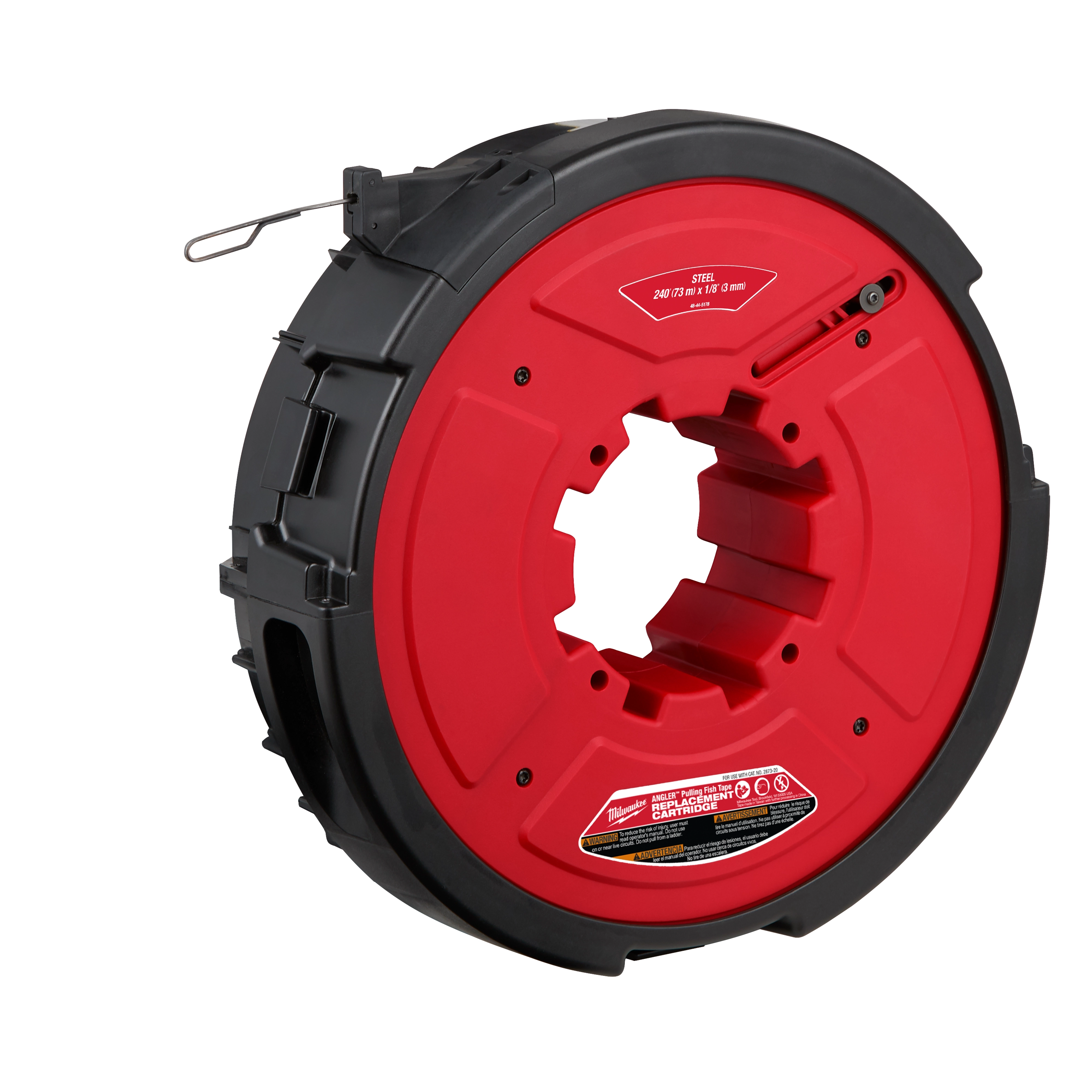 The M18™ FUEL™ ANGLER™ 240' x 1/8" Steel Pulling Fish Tape Replacement Cartridge is shown. It features a round black and red body with a central opening and a metal pulling loop. The cartridge is designed for efficient wire pulling in electrical applications.